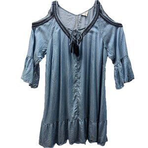 Crown & Ivy Size 3X Mini Dress Cold Shoulder Blue Denim Bell Sleeve Embroidered
